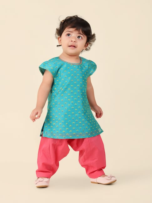 Fabindia Kids Teal & Pink Printed Kurta with Salwar-picture-30