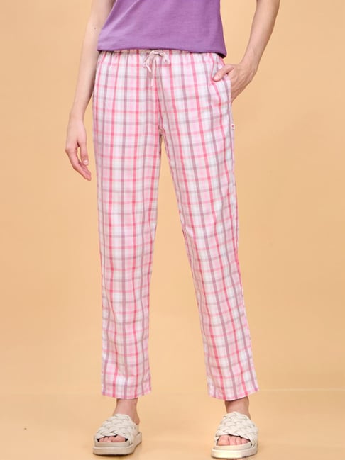 Enamor Orchid Pink Cotton Chequered Lounge Track Pants-picture-13