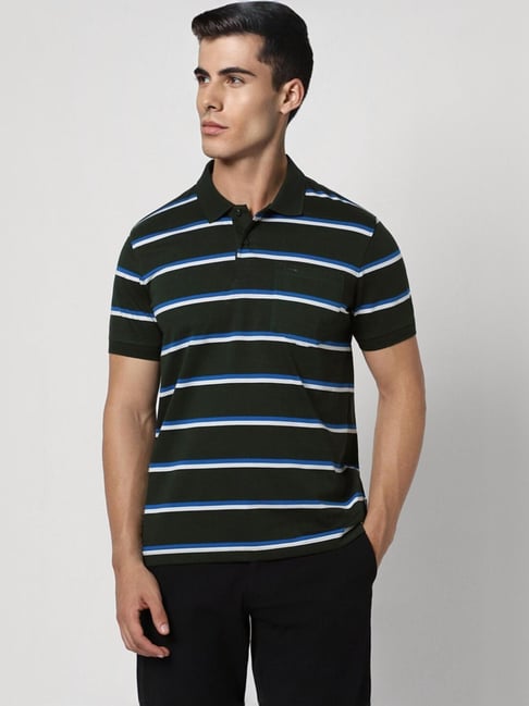 Van Heusen Green Cotton Skinny Fit Striped Polo T-Shirts