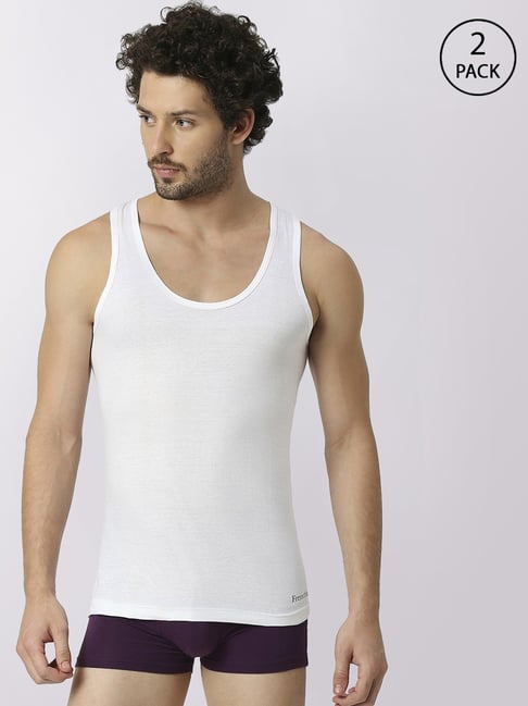 Frenchie White Cotton Skinny Fit Vest - Pack Of 2