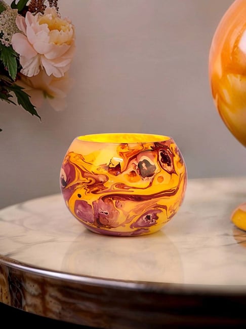 Fos Lighting Red & Yellow Marble Effect Round Glass Tea Light Holder