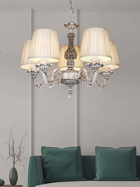 Fos Lighting Antique White 5-Light Swan Chandelier with Pleated Fabric Shades