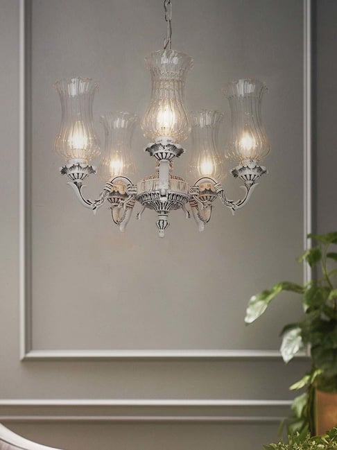 Fos Lighting Antique White Swan Chandelier with Fluted Glass Shades