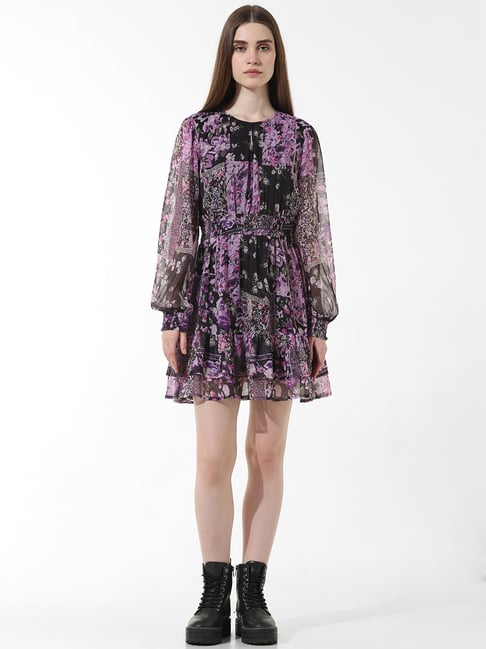 Only Black & Purple Floral Print Fit & Flare Dress