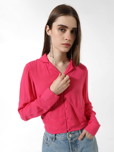 Only Pink Viscose Slim Fit Crop Shirt-picture-22