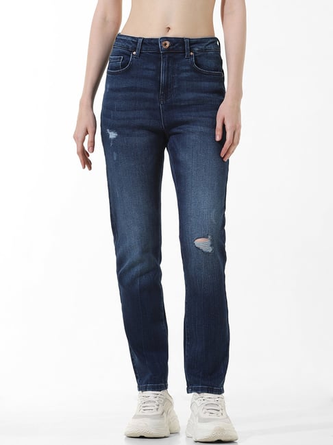 Only Dark Blue Cotton Distressed Straight Fit Mid Rise Jeans-picture-25