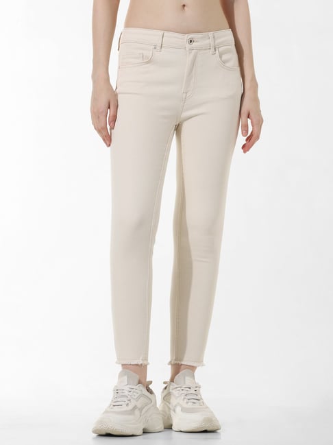 Only Off White Cotton Skinny Fit Mid Rise Jeans