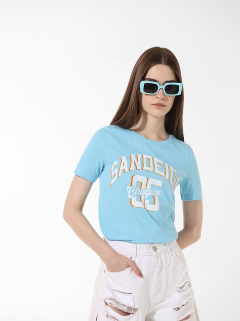 Only Blue White Cotton Graphic Print T-Shirt