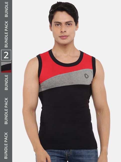 Dollar Bigboss Assorted Cotton Regular Fit Colour Block Vest - Pack Of 2-picture-38