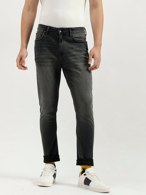 United Colors of Benetton Dark Grey Carrot Fit Lightly Washed Jeans