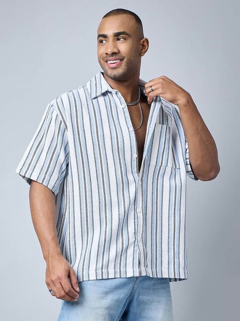 CHIMPAAANZEE White Blue Loose Fit Striped Oversized Shirt