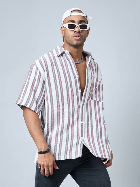 CHIMPAAANZEE White & Red Loose Fit Striped Oversized Shirt-picture-24