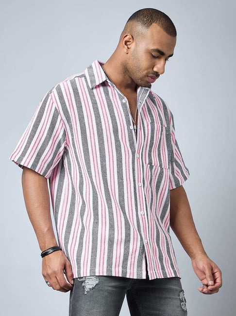 CHIMPAAANZEE Black & Light Pink Loose Fit Striped Oversized Shirt-picture-37