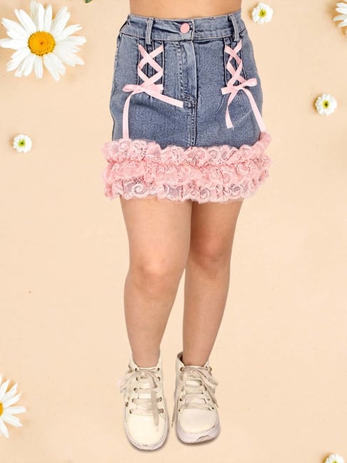 Cutecumber Kids Blue & Peach Embroidered Skirt