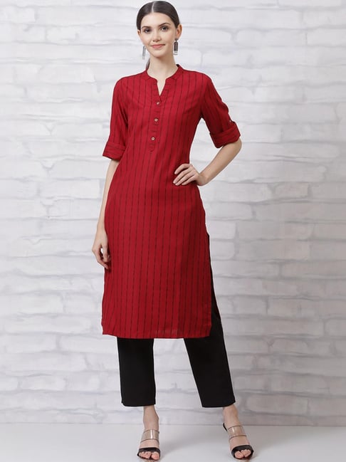 Rangriti Red Woven Pattern Straight Kurta-picture-17