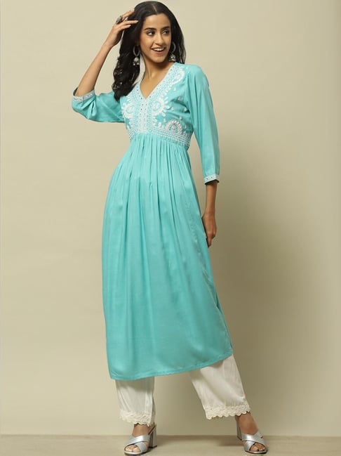 Rangriti Blue Embroidered A Line Kurta-picture-35