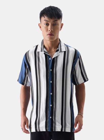 The Souled Store| Solids: White and Grey Stripes Mens and Boys Shirts|Half  Sleeve|Oversized fit Stripes|100% Cotton (Poplin) Multicolored Men