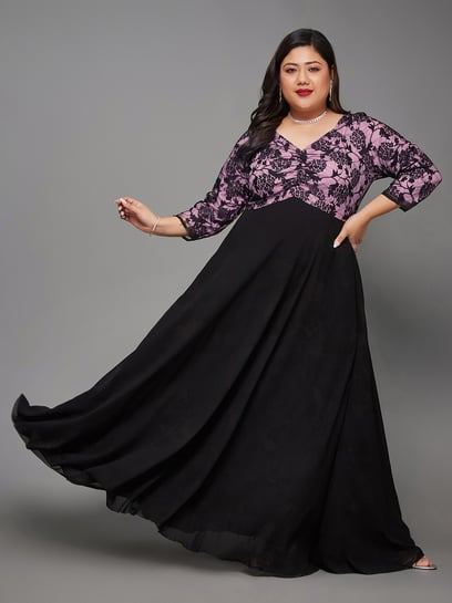 Buy Miss Chase A+ Black & Pink Floral Print Maxi Dress for Women