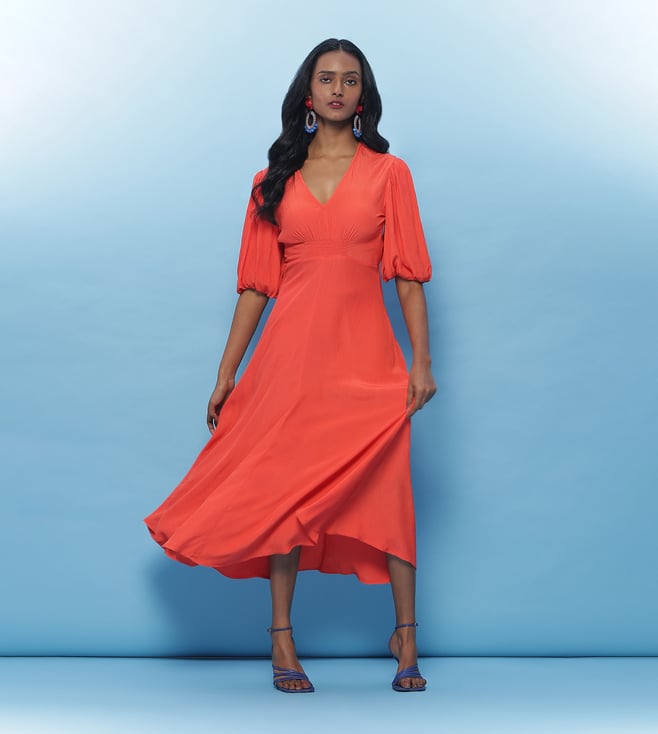 ritu kumar orange dress LABEL RITU KUMAR Orange Electra Solid Long Dress