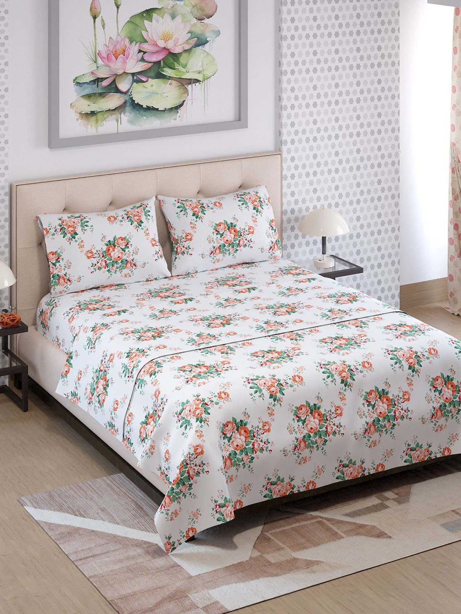 Buy Layers Zen Orange & Green Cotton Blend 225 TC King Bedsheet at