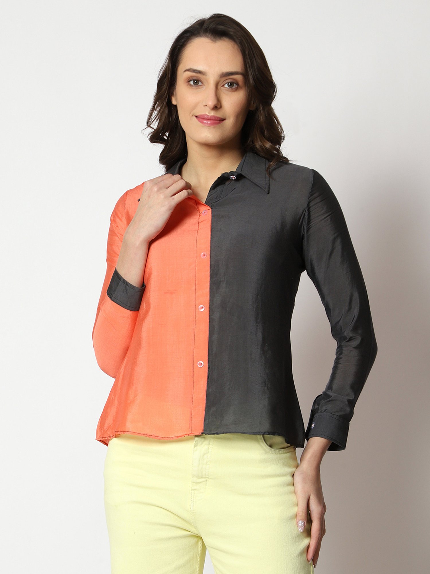 Prettify Black & Orange Color-Block Shirt Style Top