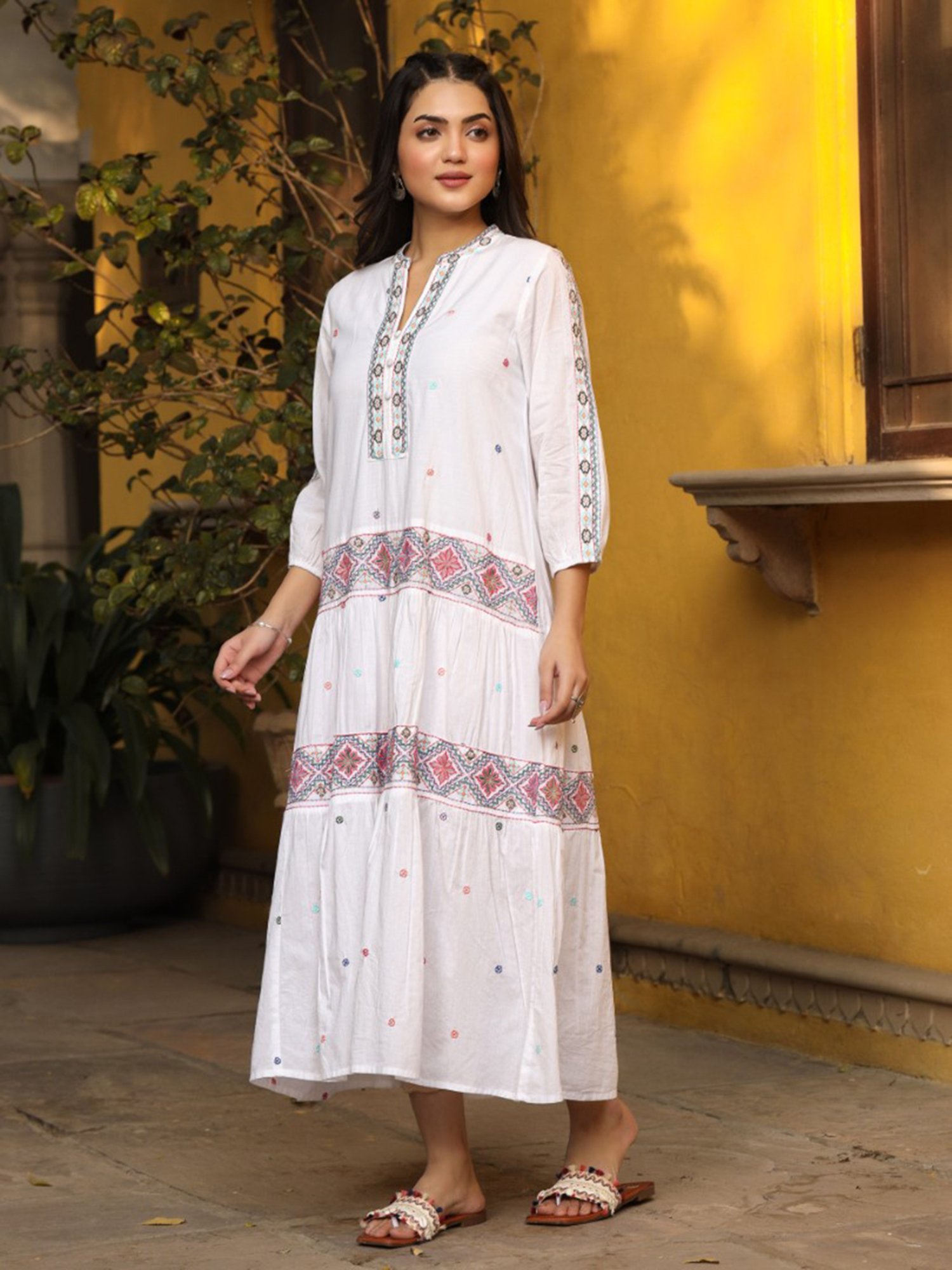 Juniper White Pure Cotton Teired Maxi Dress With Multi-Colored