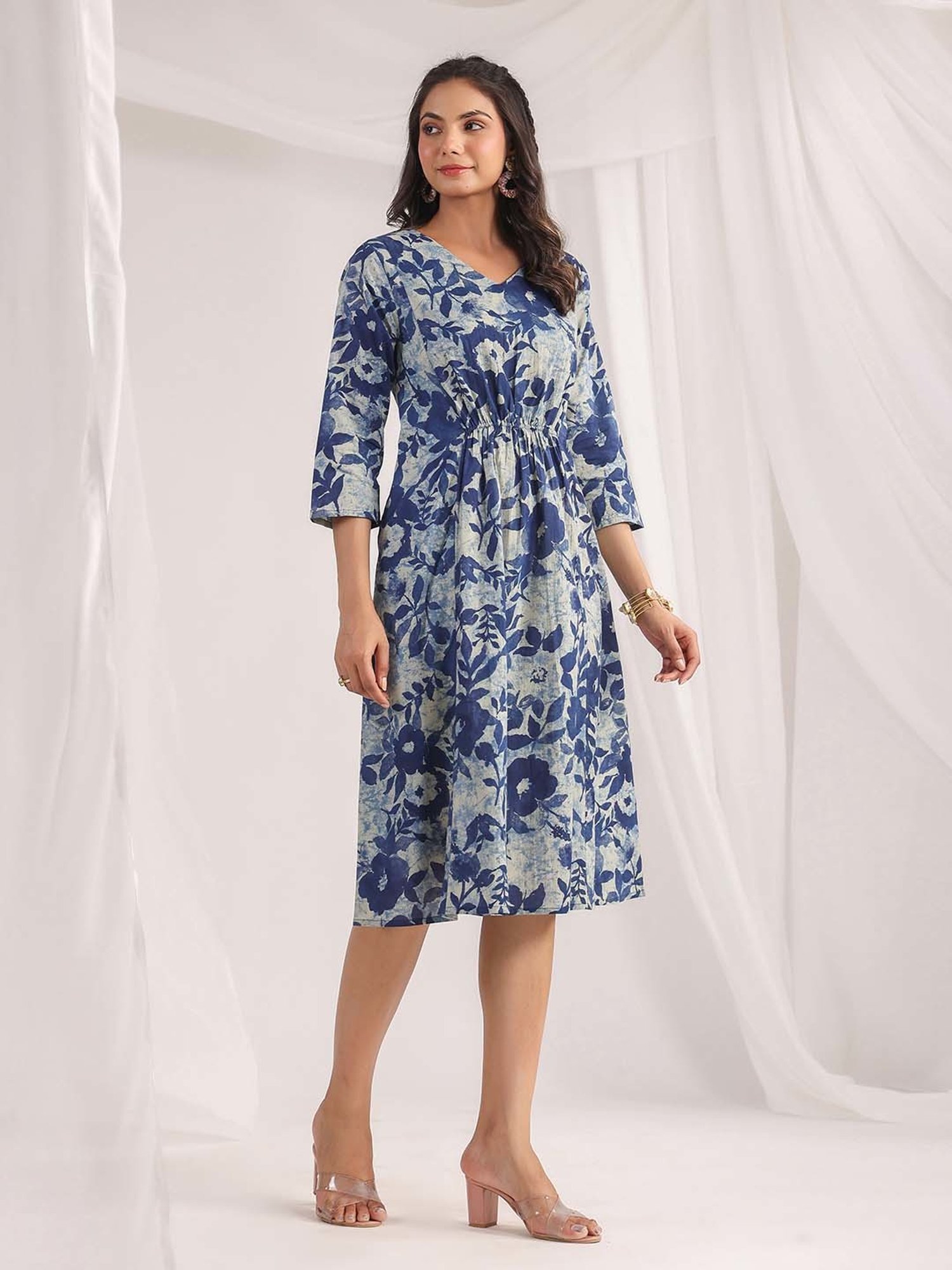 Buy Janasya Blue Cotton Floral Print A-Line Dress for Women Online