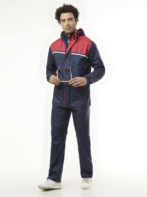 Zeel Navy & Red Colour-Block Rainwear Jacket