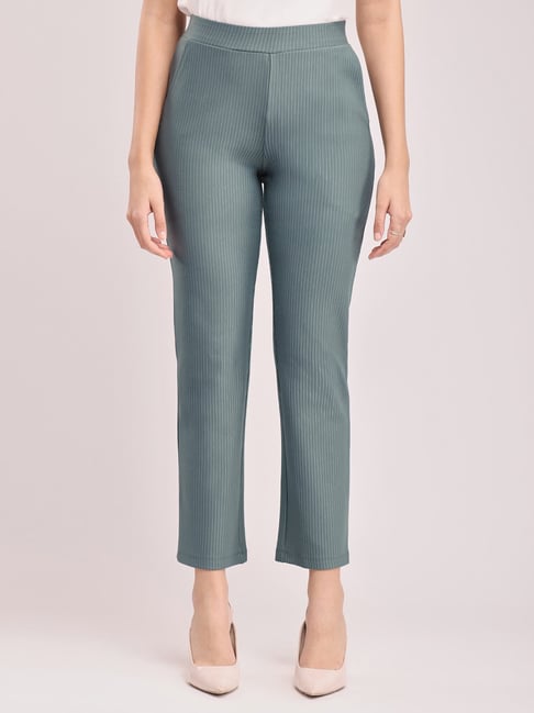 Fablestreet Green Striped Flared Fit Mid Rise Pants-picture-27