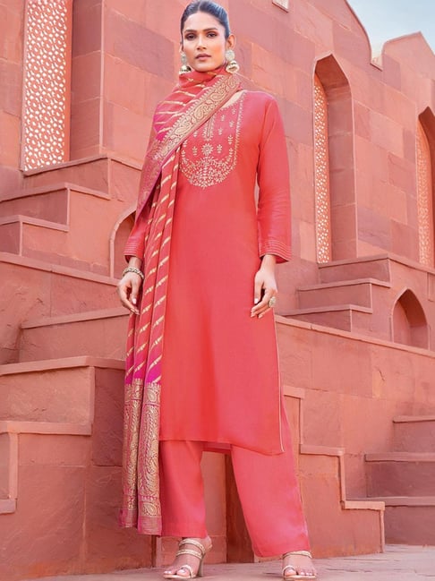 Soch Coral Silk Embroidered Unstitched Dress Material With 3 Mtr Kurta Fabric