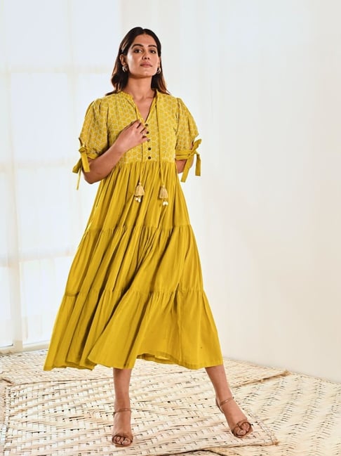 Moontara Lemon Yellow WallFlower Cotton Embroidered Maxi Long Dress
