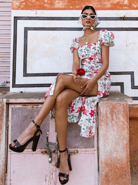 Marche White Ilahi Off Shoulder Printed Cotton Midi Dress