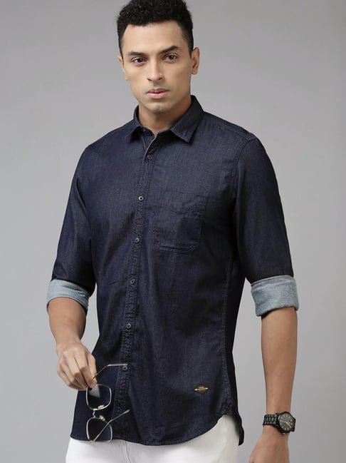Van Heusen Navy Cotton Slim Fit Texture Denim Shirt
