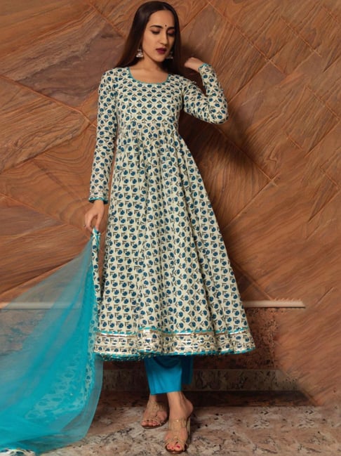 Buy Anokhi Cotton Print Anarkali Kurta with Pant and Dupatta for