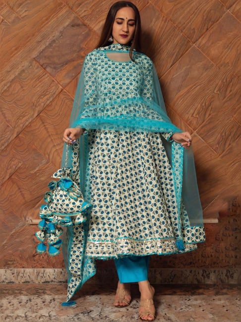 Pomcha Jaipur Blue Rangbhar Anokhi Cotton Hand Block Print Anarkali Kurta  with Pant and Dupatta