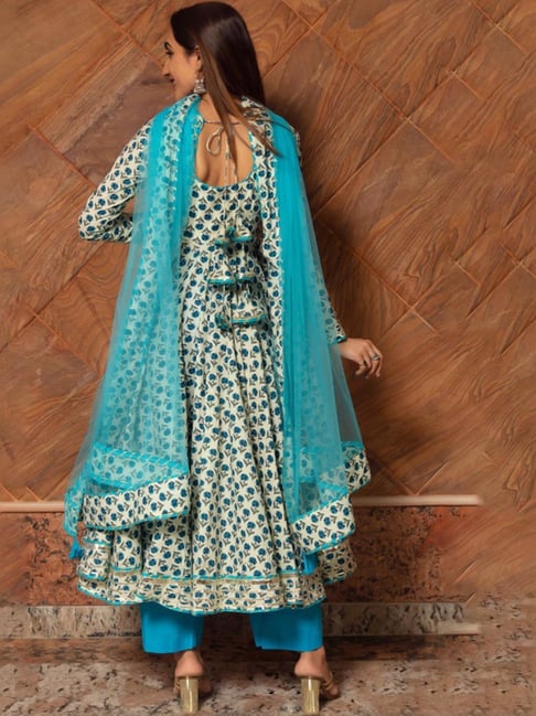 Pomcha Jaipur Blue Rangbhar Anokhi Cotton Hand Block Print Anarkali Kurta  with Pant and Dupatta