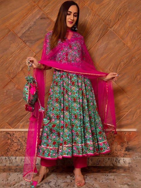Buy Surangi Kalidar Cotton Anarkali Kurta with Pant and Dupatta