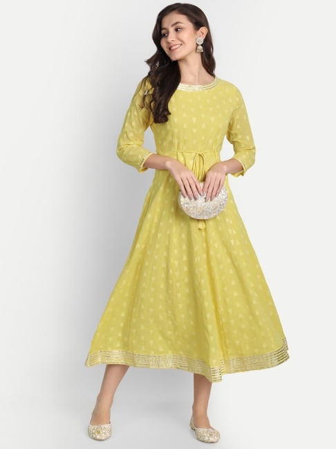 Buy Jilmil Women's Yellow Cotton Printed A-line Dress for Women