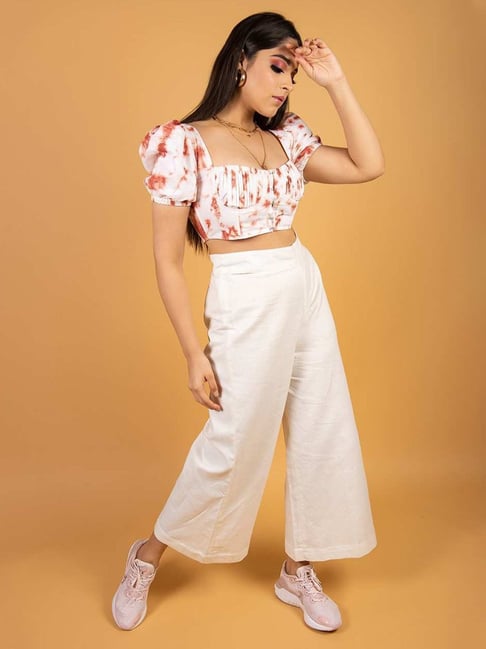 Priya Chaudhary Rust 5th Avanue Short Sleeve Crop Top with White Cotton  High Waist Pant