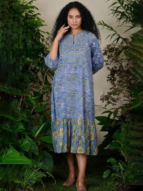 Mantra Blue Print Lounge Sanganeri Cotton Dress