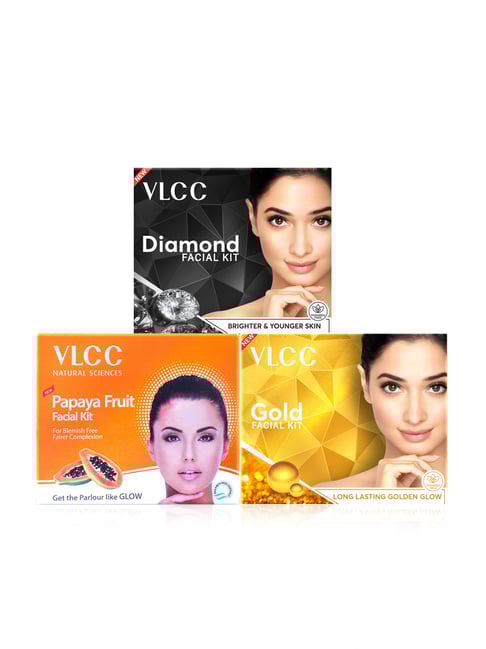 VLCC Diamond Facial Kit with Papaya Fruit Facial Kit & Gold Facial Kit Combo