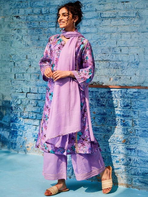 Buy Biba Purple Floral Print Kurta Palazzo Set With Dupatta for Women Online Tata CLiQ