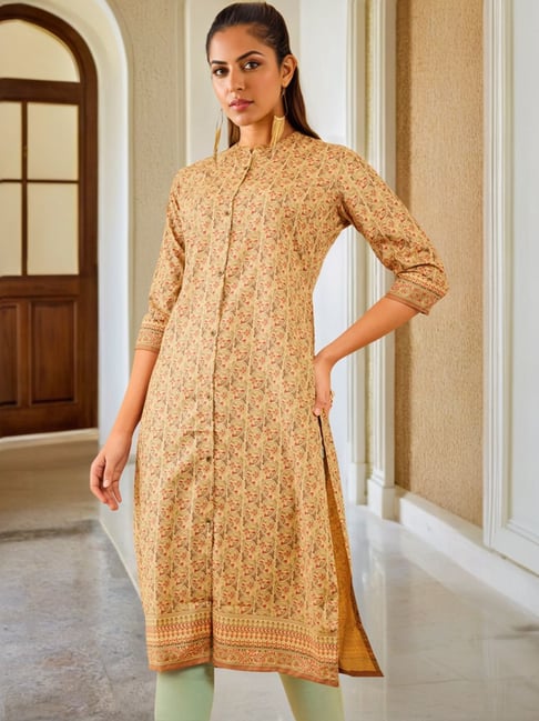 Soch Beige Rayon Ethnic Motifs Printed Straight Kurta