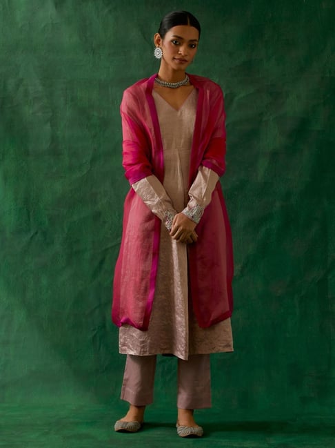Vinusto Embroidered Zari Silk Anarkali, Cotton Glaze Pants and Katan Silk  Dupatta in Pink