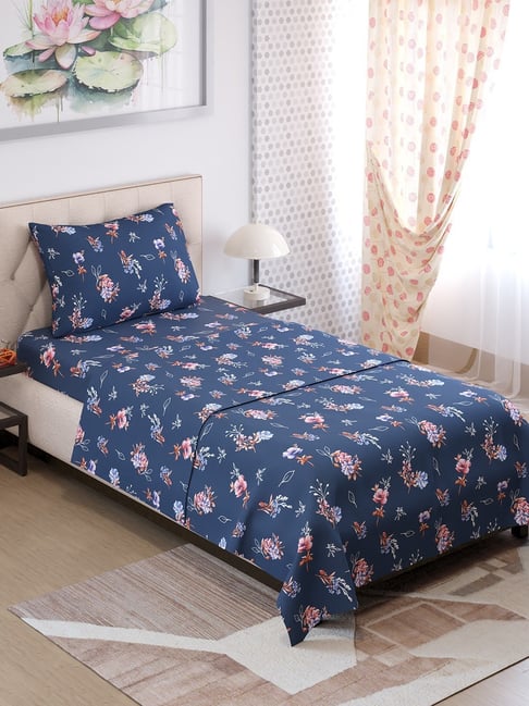 Layers Emaline Floral Blue 144 TC Cotton Single Bed Sheet with 1 Pillow Cover-picture-16
