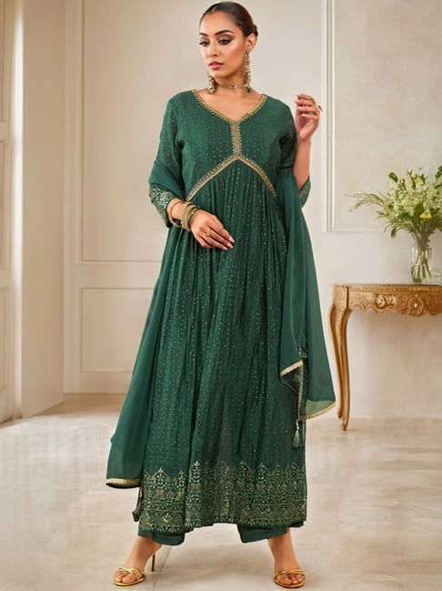 slim fit dress slacks Alia Green Satin Anarkali Suit Set XXL