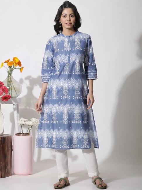 W Dark Blue Cotton Printed Straight Kurta