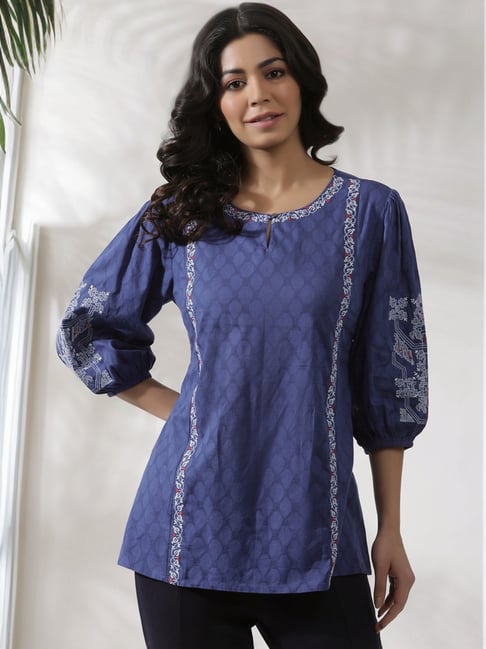 W Blue Cotton Printed Top