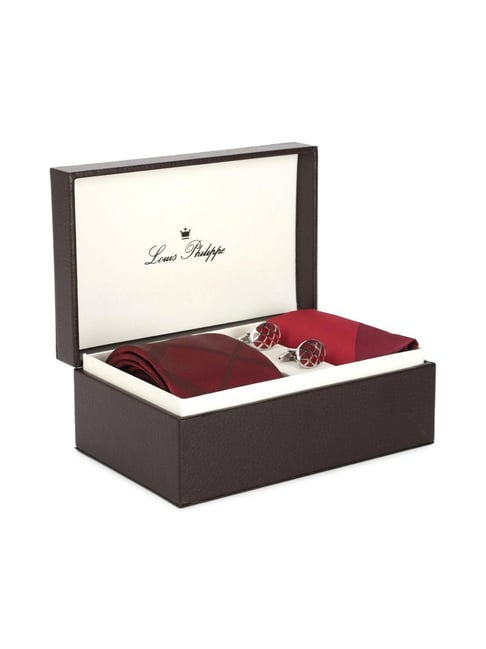 Louis Philippe Maroon Checks Tie, Cufflinks and Pocket Square