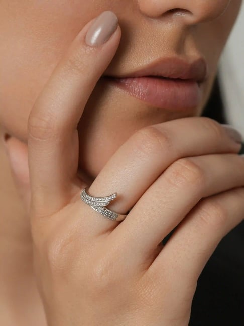 Mabel 92.5 Sterling Silver Rhodium-Plated Studded Leaf Adjustable Statement Ring